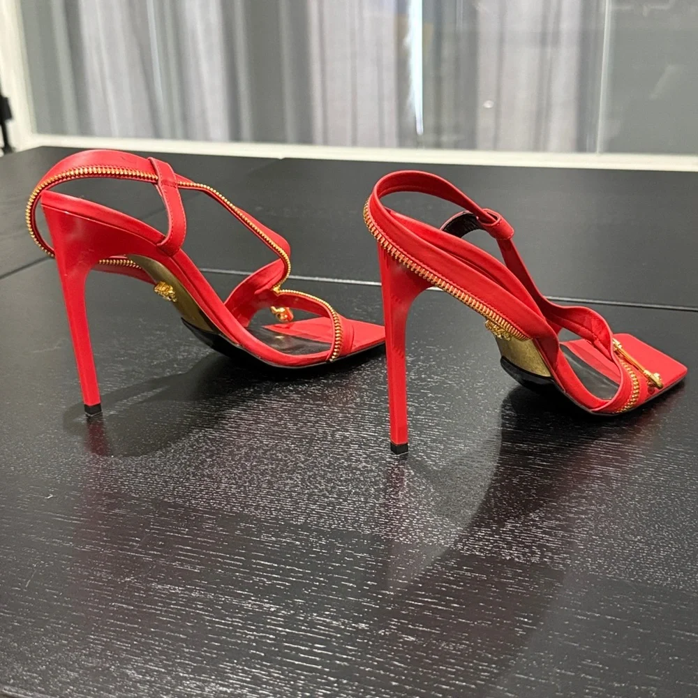 Versace Red Leather Zip Detail Heels | Size 38 | Gold Hardware - Picture 10 of 13
